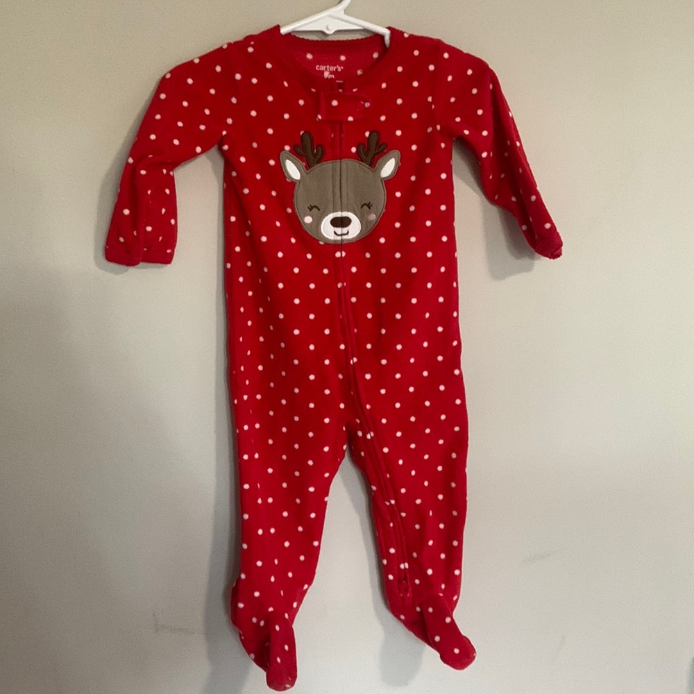 Carter’s 2-way Zip Footed Christmas Pajamas Red & White Reindeer Baby Sz 9 Month